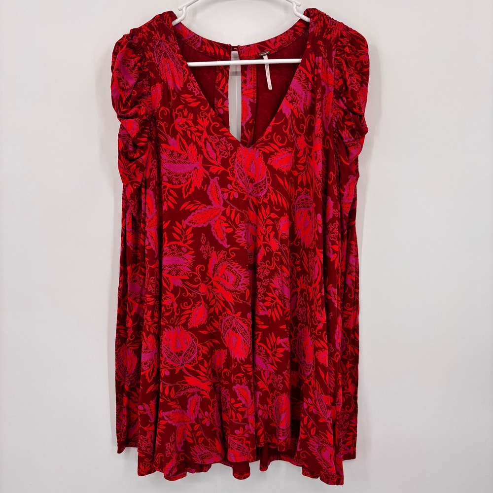 Free People Floral Mini Dress Womens XS Red Pink Excellent Puffed Cap Sleeve